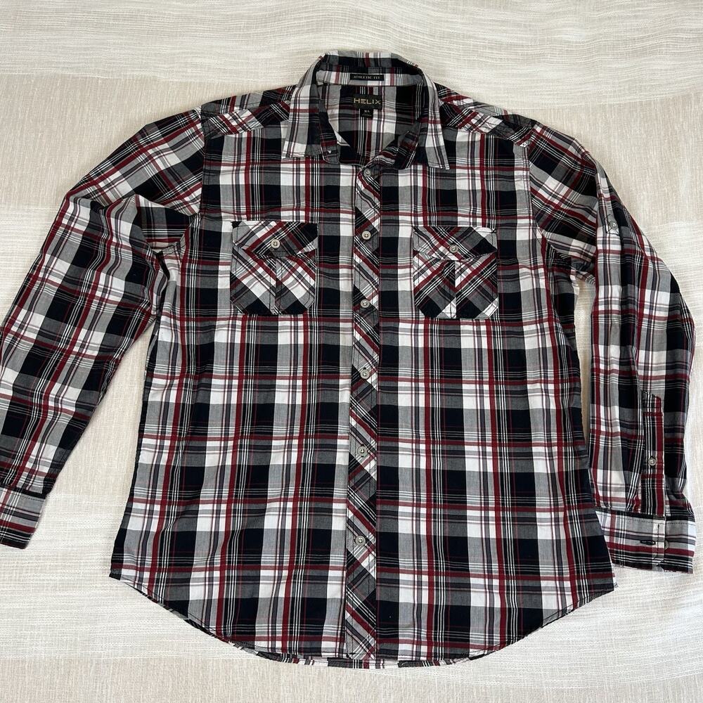 Helix Shirt Mens XL Athletic Fit Button Up Plaid Black Red Western Cowboy‎ Rock